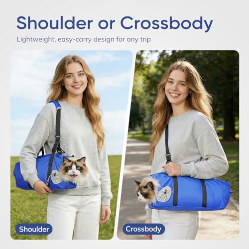 Image of Cat Carrier Pouch, Soft Cat Grooming Restraint Bag for Vet Visits, Nail Trimming & Medication, Comfortable Cats Carry Bag with Bottom Support for Car Travel, Blue, S