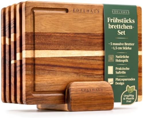 EDELHAUS Frühstücksbrettchen 5er Set, Schneidebrett Holz Akazie 23x16 cm | Holzschneidebrett Set aus Akazie, 1,5 cm dicke Holzbretter, Frühstücksbretter mit Ständer, Brettchen Set