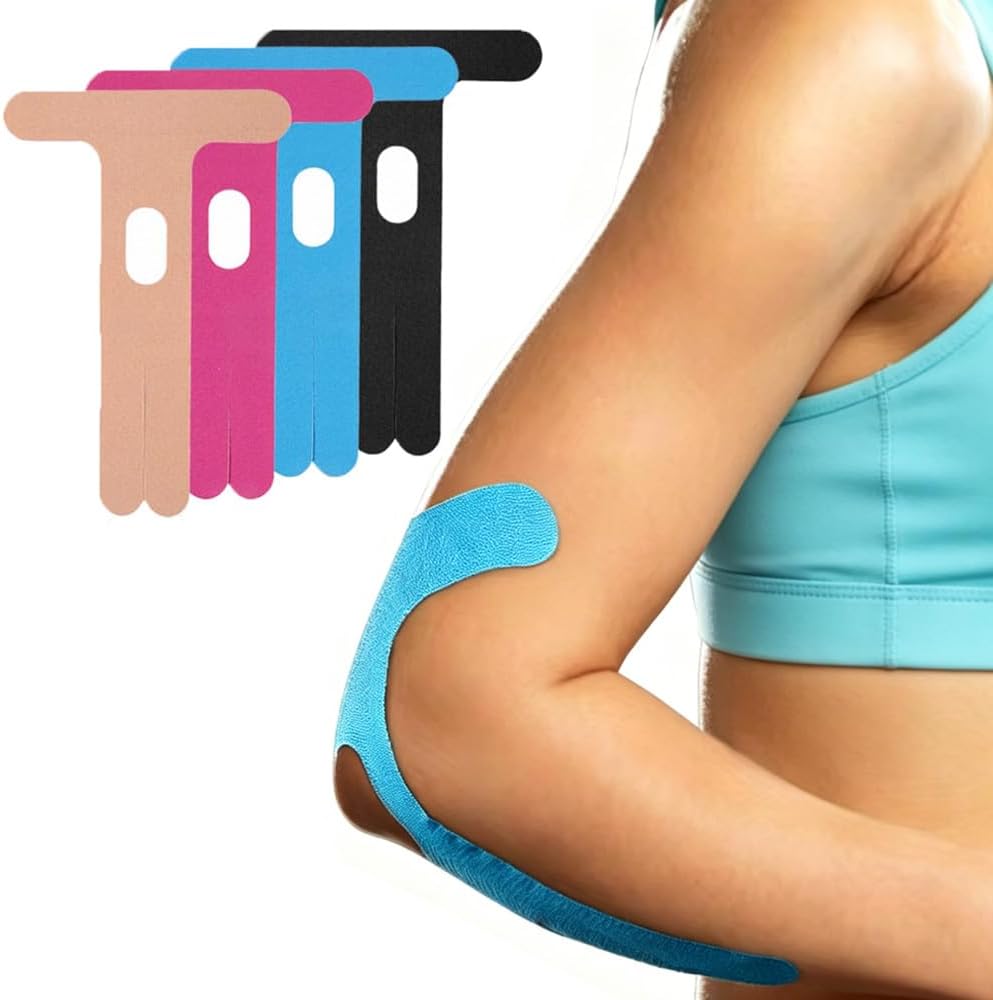 4 Pack Elbow Kinesiology Tape Pre-Cut Waterproof Athletic Tape Elbow Brace Tape Adhesive Wrap Support for Tennis Elbow Pain Relief Basketball Weightlifting Golfer Baseball Badminton Ping Pong