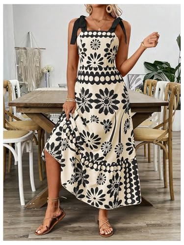 Image of Floerns Women's Vintage Sleeveless Tie Shoulder Sundress Floral Print Cami Maxi Dress