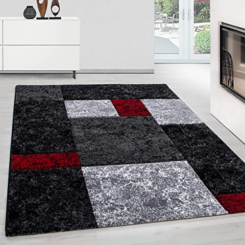 Teppium Tapis de couloir, moderne, à poils courts, 80 x 150 cm, rouge, contours découpés, lavable, design à carreaux, facile d'entretien et doux, idéal...
