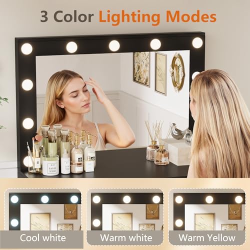 Image of YESHOMY Vanity Desk with Mirror, Power Outlet and 11 Lights, Makeup Table with 2 Drawers, 3 Color Modes Available for Bedroom, Ash Black