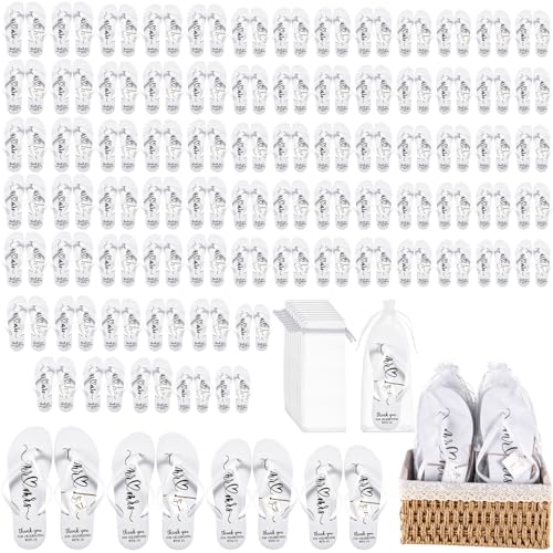 Cuffbow 72 Pairs Bulk White Flip Flops for Wedding Sandals for Guest Bridesmaid Sandals Bride Flip Flops Hotel Guest Spa Slippers with Size Cards Organza Bags for Wedding Pool Party
