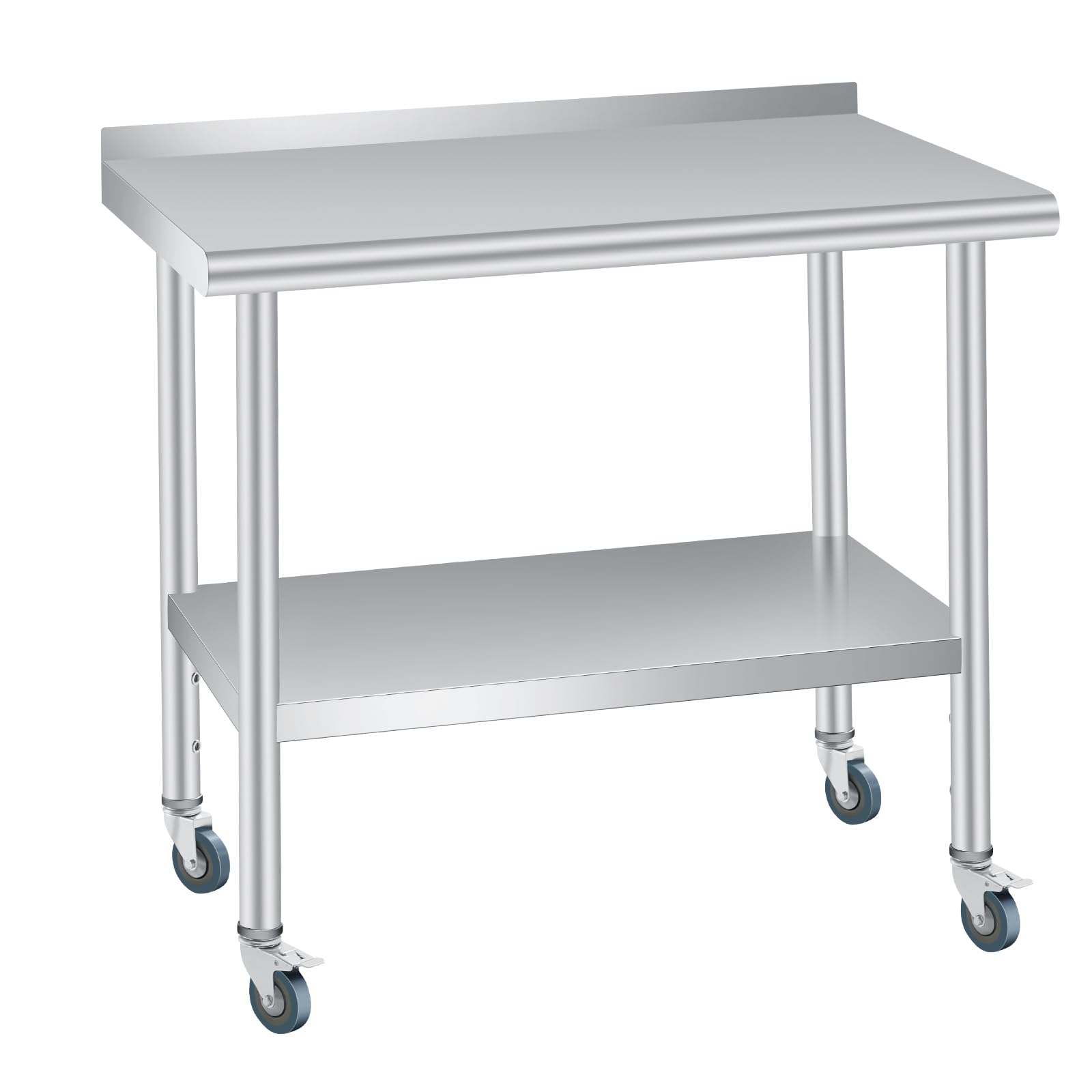 Garvee Caster Stainless Steel Prep Table, 36 X 24 Inches, With Backsplash, Adjustable Undershelf And 4 Wheels, Commercial Heavy Duty Table With Adjustable Under Shelf For Outdoor Use,Restaurants,Hotels,Works