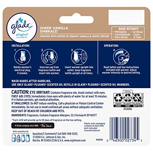 Image of Glade PlugIns Refills Air Freshener, Scented and Essential Oils for Home and Bathroom, Sheer Vanilla Embrace, 3.35 Fl Oz, 5 Count