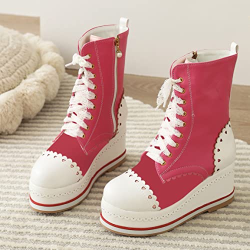 SHEMEE Women's Sweet Cute Platform Hidden Wedge Ankle Boots Lace Up High Heels Round Toe Booties Side Zip Kawaii Shoes3