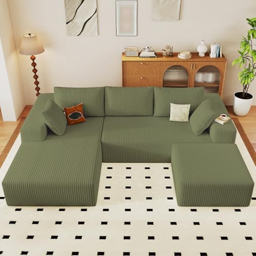 Image of 96 inch Boneless Cloud Sectional Couch Modular Sofa with Ottoman | Modern U-Shaped Couches, Comfy Corduroy Memory Foam Sofas with Oversized Chaise for Living Room (Green,Left-Facing Chaise)