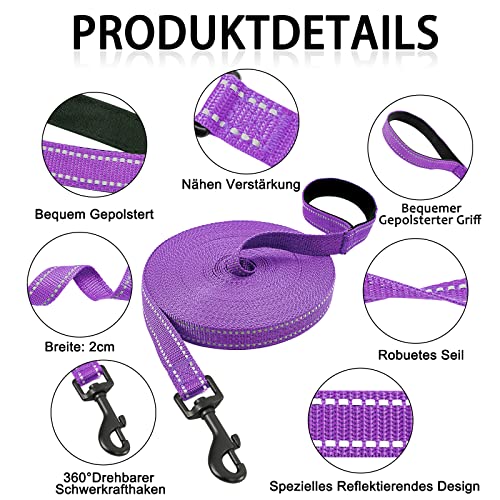 Demigreat Schleppleine für Hunde, 3m / 5m / 10m / 15m / 20m Robuste Lange Hundeleine Reflektierend Trainingsleine mit Gepolsterter Griff und handschlaufe, Ausbildungsleine für Kleine bis Große Hunde