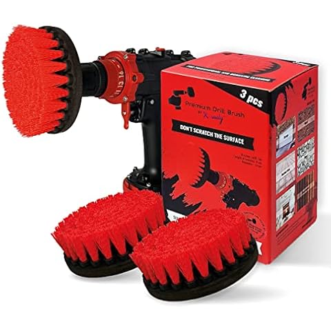 Premium Drill Brush, Stiff, Red, 3pcs. SET, 13cm. Professional Power Scrubber. Doesn't Scratch Surfaces. Suitable for Garage, Brick, Outdoor Tiles, Stone, Fireplace, Rust Removal, Car Rims Cleaning Cover