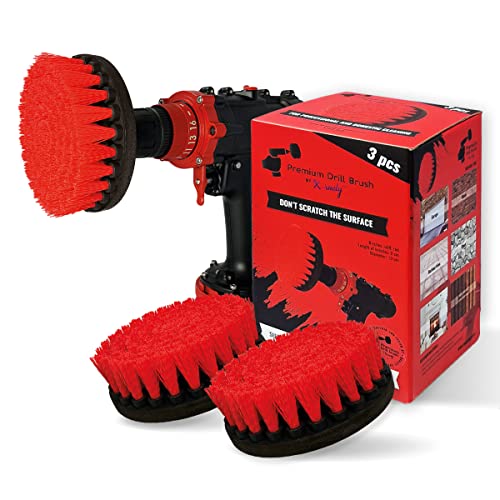 Kornely™Cepillo Premium para Taladro,Rígido,Rojo,Juego de 3Piezas,13cm.Limpiador Profesional de Alta Potencia.No Raya las Superficies.Para Garaje,Ladrillos,Baldosas,Piedra y Limpieza de Rines de Autos