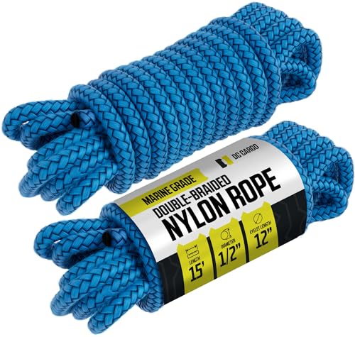 DC Cargo Mall Boat Dock Lines (2 Pack) 1/2 X 15' Double Braided Boat Ropes for Docking with 12" Eyelet. Marine Grade Nylon Material & Damage Resistant Line Fibers for Secure Docking