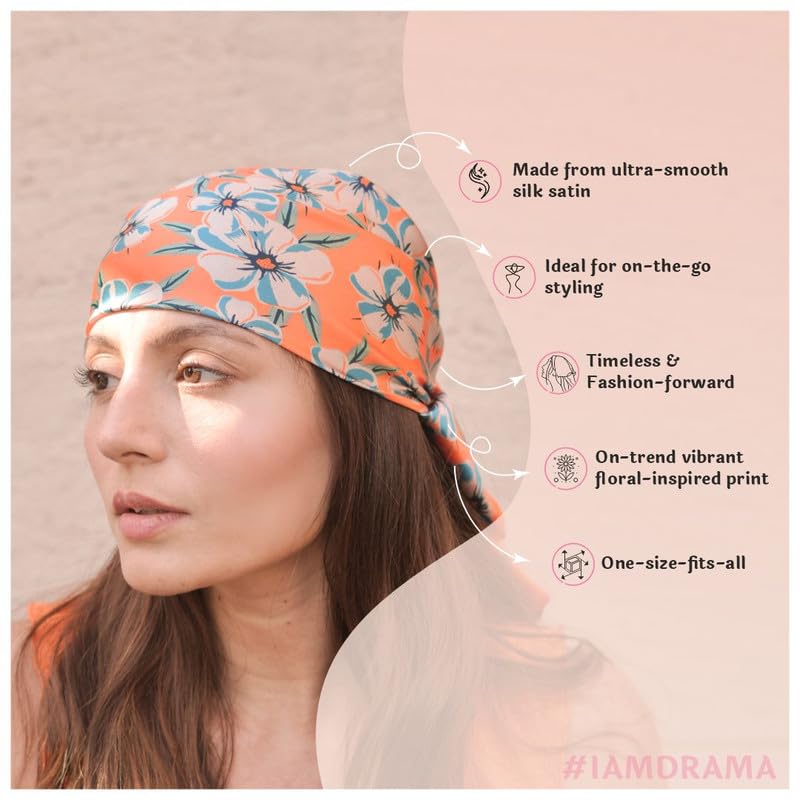Image of Hair Drama Co. Elastic Bandana Head Scarf for Women | Silk Satin Head Wrap Bandana Scarves | Boho Style Statement Headband Stylish Design | All Day Wear Scarves | Hair Scarf Accessories