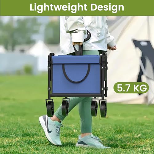 Collapsible Wagon with Wheels, 220 lbs Wagons Carts Foldable Wagon Cart with Flexible Handle, Lightweight Portable Folding Utility Grocery Shopping Cart for Grocery Sports Garden Camping, Blue
