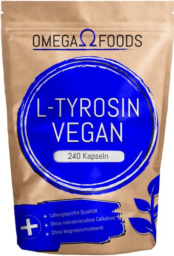 Tyrosin Kapseln vegan Hochdosiert - 240 vegane Kapseln im Beutel - 1.000mg Tyrosin pro Tagesdosierung - Ohne Zusätze - pflanzliche Herstellung - L-Tyrosin Kapseln Cover