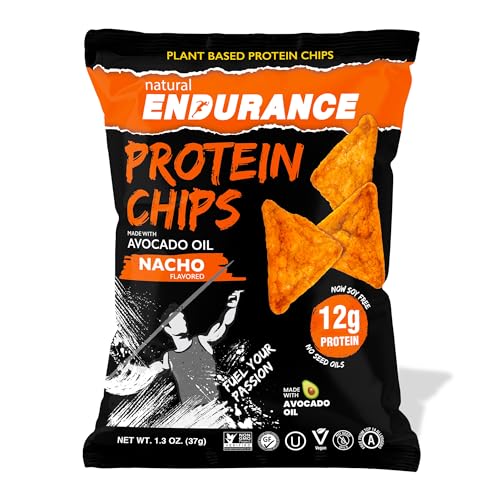 Natural Endurance Protein Chips - Healthy Low Carb Chips 12g of Protein per Bag Non GMO Made with Avocado Oil Vegan Nut Free On the Go Snack - Vegan Nacho Flavor 1.38 oz Bags (Pack of 8)