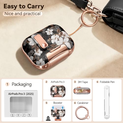 Image of for Apple AirPod Pro 3 Case 2025 with Lock,Clear TPU Floral AirPod Pro 3 Generation Case Cover for Women Girly, iPod Pro 3 Cases with Keychain & Cleaner Kit- Black Gold Flower