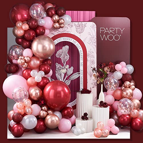 Image of PartyWoo Burgundy Balloon Arch Kit Garland 142pcs Different Sizes of 18 12 10 5 Inch Rose Gold Light Pastel Baby Pink White Confetti Balloons for Baby Shower Birthday Wedding Party Decorations