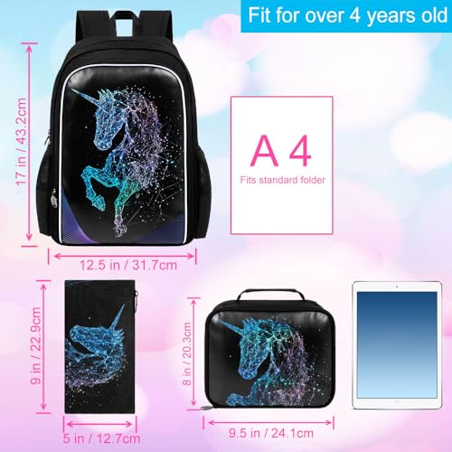 Image of gxtvo 3PCS Unicorn Backpack, 17 inch Girls Bookbag with Lunch Box, Kids Water Resistant Middle Elementary School Bag for Prechool