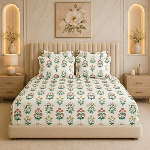 Image of THEA King Elastic Fitted Double Bedsheet Set| 100% Cotton Like Soft Fabric | Microfiber King Elastic Double Bedsheet for King Size Bed (72 X 78 x 10 inches) with 2 Pillow covers,Red Boota Floral