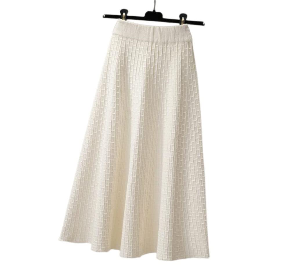 Gonne Da Donna,Gonna Longuette Da Donna Bianca Elastica A Vita Alta In Maglia Scozzese Gonna Ad Ombrello In Jacquard Gonna Autunnale Semplice A-Line Increspato Gonne Lunghe Eleganti Per Ragazze Sign
