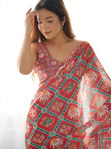 Image of Panzora Women's Chinon Printed Saree With Unstitched Blouse Piece
