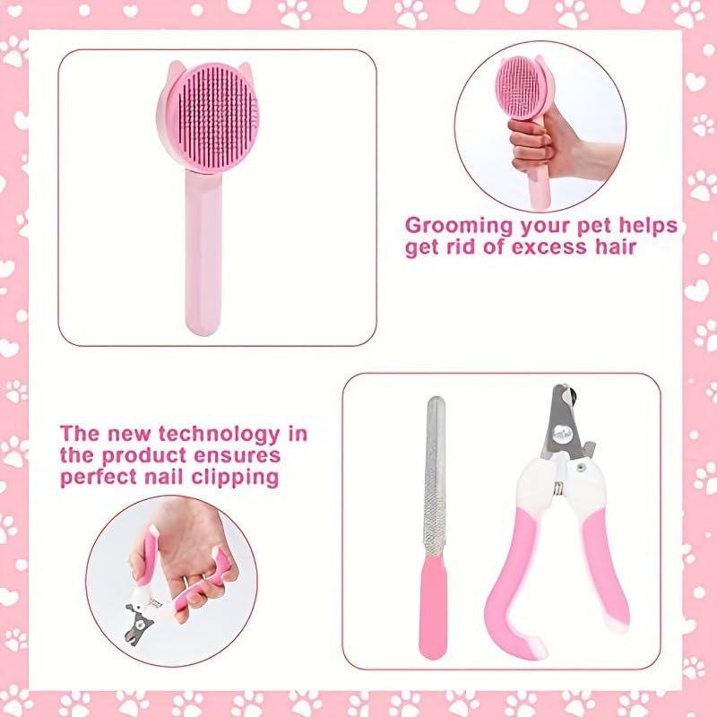 Cosyhomes 8 Pack Cat Grooming Kit,Dog Grooming Brush Soft Slicker Brush,Cat Brush for Shedding,Pet Grooming Brush,Pin,Flea Comb,Nail Clippers,File Professional Pet Grooming Set for Dog and Cat (Pink) - Image 2