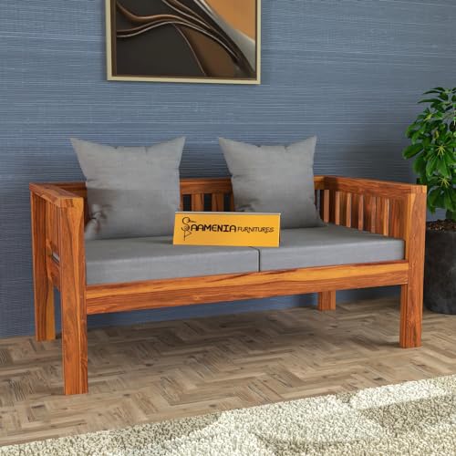 Image of Sheesham Wood Low Height Sofa Set 2 Seater Living Room, Home, Office Furniture | Two Seater Sofa Set | Without Pillow | Grey Cushion - Honey Finish