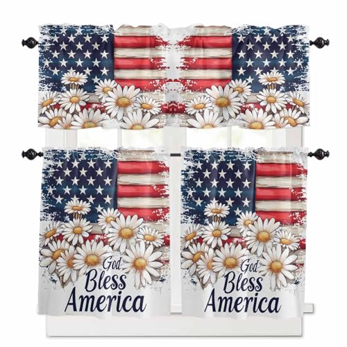 4th of July Kitchen Curtains 24 Inch Length, 3 Piece Rod Pocket Small Half Tiers and Valance Set, Independence Day Navy Blue American Flag Small Large Window Treatment Decor for Bedroom/Bathroom Sink
