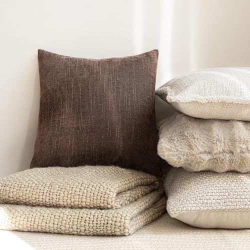 Image of Foindtower Pack of 2 Soft Textured Chenille Throw Decorative Pillow Covers Square Accent Solid Cushion Cover Cozy Neutral Farmhouse Pillow Case for Couch Sofa Bedroom Living Room 18x18 Inch,Red Brown