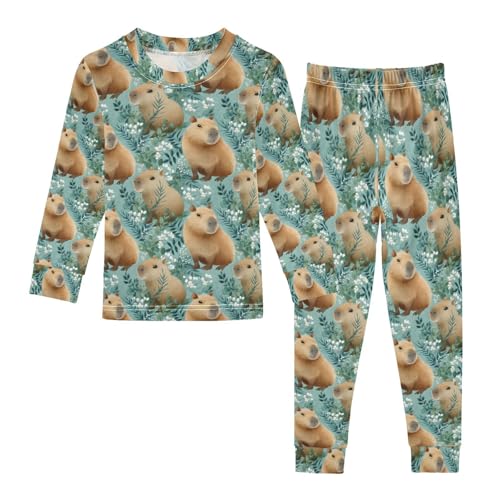 ALAZA Capybara Flower Leaves Pajamas Long Sleeve Sleepwear 2-Piece Pajama Set