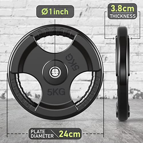 PhysKcal 1-Inch Olympic Weight Plates with Rubber Finish Opening and Tri-Grips, 1'' Black Barbell Plates Discs for Lifting and Strength Training, Solid Cast Iron Core Weights Set, 1.25kg - 20kg - Image 3