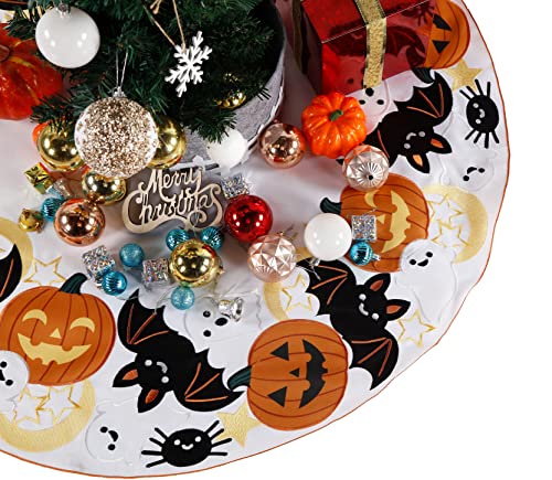 Halloween-Christmas-Tree-Skirt-36-Inch-Cutwork-Embroidered-Pumpkin-Fall-Thanksgiving-Autumn-Harvest-Table-Decorations-for-Party-Holiday-Dinner-White Halloween Christmas Tree Skirt 36 Inch Cutwork Embroidered Pumpkin Fall Thanksgiving Autumn Harvest Table Decorations for Party Holiday Dinner White