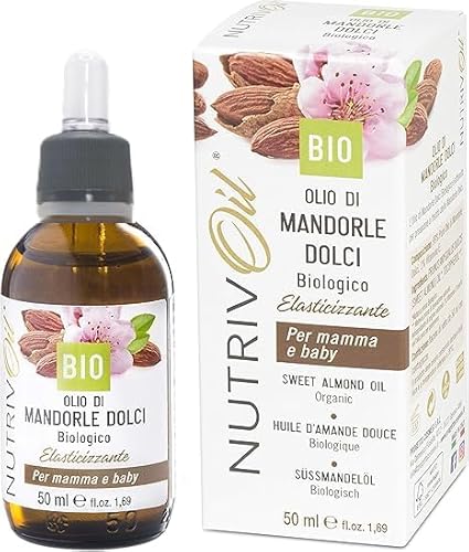 NUTRIVOIL - Puro Olio di Mandorle Dolci Biologico senza profumo, idratante ed elasticizzante 50 ml flacone di vetro con contagocce. Ideale per contrastare le smagliature