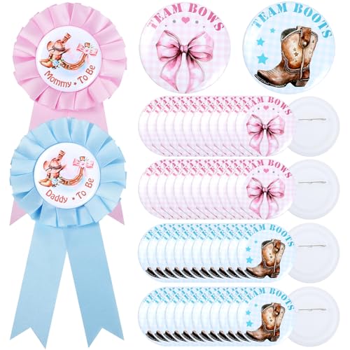 52 Pcs Boots or Bows Gender Reveal Decorations - Mommy & Daddy To Be Badge Pins and 50 Pcs Boots or Bows Gender Reveal Button Pins Cowboy or Cowgirl Blue and PInk Baby Shower Party Favor Supplies