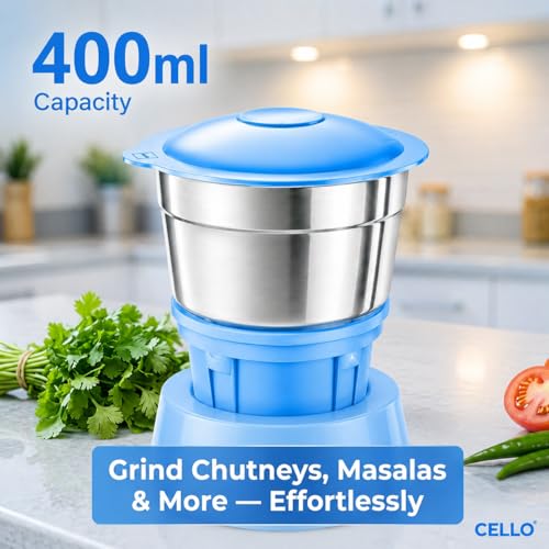 Image of CELLO Stainless Steel Chutney Jar 400ml for Mixer Grinder | Leak-Proof Lid | Food-Grade SS Body | 4 Teeth Compatible | Heavy Duty Grinding Jar for Chutney, Masala & Spices (Sky Blue)