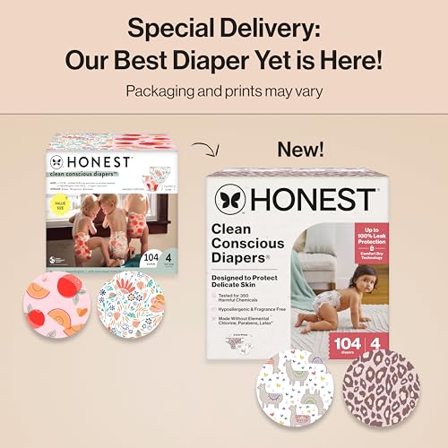 the honest company clean conscious diapers for delicate skin up to 100 leakproof hypoallergenic fragrance-free baby diapers girl prints super club box size 4 2237 lbs 104 count prints vary