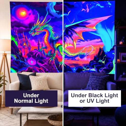 Image of BlissYard Blacklight Tapestry 78x59 Inch Neon Dragon Castle Wall Hanging UV Reactive Glow in the Dark Fantasy Trippy Fire Dragon Tapestry for Bedroom Dorm Gamer Room Psychedelic Wall Art Decor