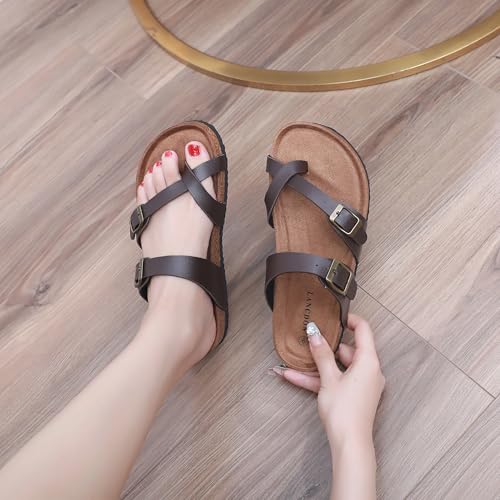 Image of Sandals Women Wide Width, Cork Footbed Arch Support Summer Beach Slide Sandals, Adjustable Strap for Wide Feet