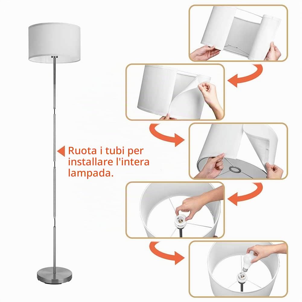 BAKAJI Lampada Piantana da Terra Luce Lampadina E27 Max 60W Base Rotonda in Metallo Cromato Paralume in Tessuto Design Moderno Accensione a Pedale Altezza 160cm (Bianco)
