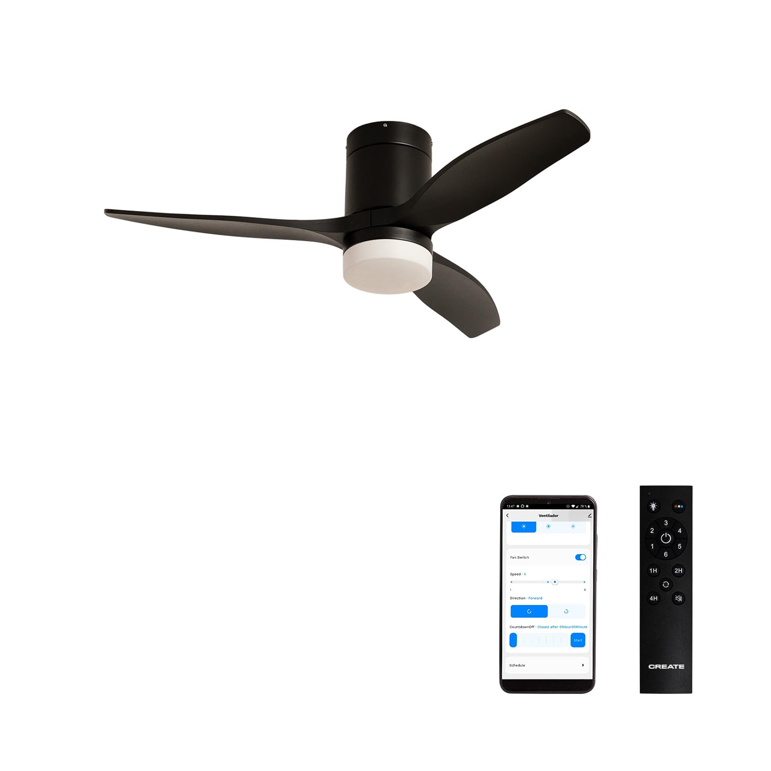 CREATE / WINDCALM S/Ventilador de techo ABS con luz negro con Wifi y mando / 40W, Silencioso, Ø112 cm, 6 velocidades, 3 temperaturas de luz, temporizador, función verano-invierno