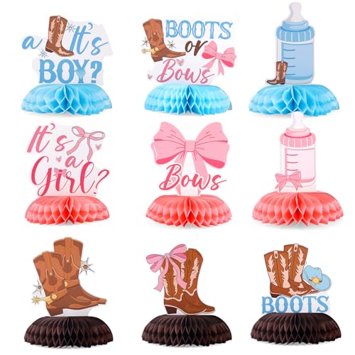 9pcs Boots or Bows Gender Reveal Honeycomb Centerpieces, Western Cowboy Cowgirl Table Decorations for He or She Baby Shower & Gender Reveal Party Supplies