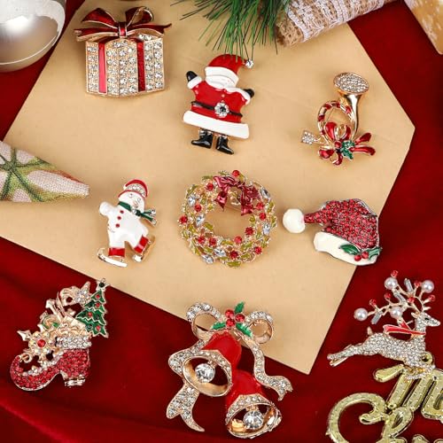 Image of 12PCS Christmas Brooches, Rhinestone Crystal Pins for Women | Christmas Trees Snowman Socks Design, Sparkling Christmas Jewelry Gift for Girls, Holiday Party Ladies Accessories