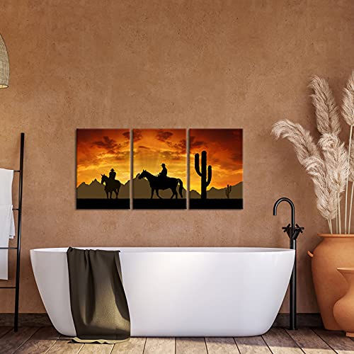 Ilooklike Western Cowboy Canvas Wall Art Rodeo Cowboy And Horse In Sunset Desert Painting Prints Black Cactus Silhouette Artwork Stretched And Framed For Home Living Room Decoration 16X24Inchx3Pcs #TOP1