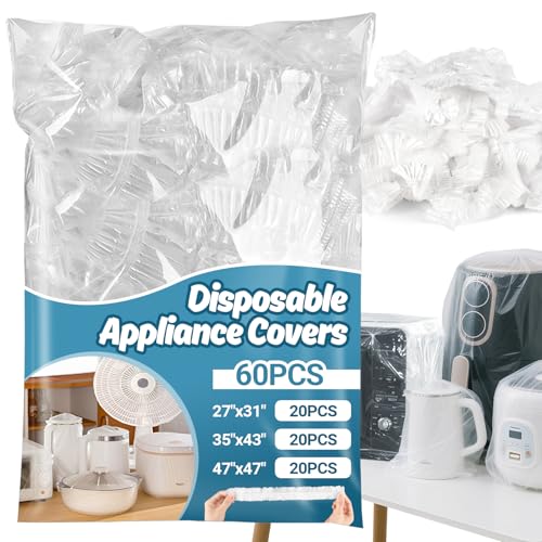 60 PCS RAINFLOW Disposable Kitchen Appliance Covers - Dust Covers for Kitchen Appliances Clear Thickened Dust Cover with Elastic for Household Air Fryer Oven Rice Cookers Fan and Storage (S,M,L)