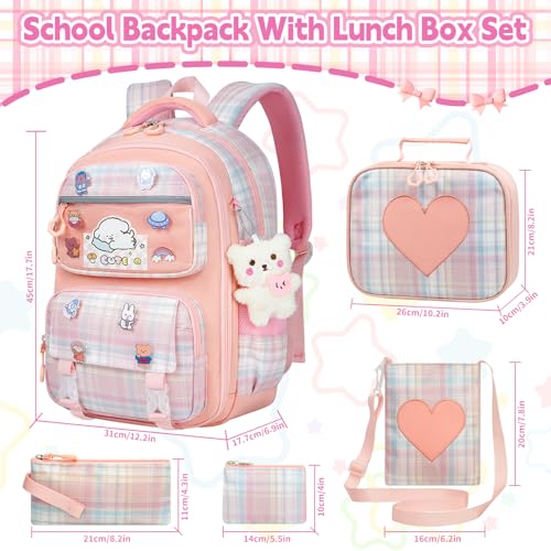 Cute Backpack for Girls, 5 Pack Kawaii Backpack Aesthetic Backpack with Lunch Box Set, Cute Pink School Bookbag for Kids Teen Elementary2