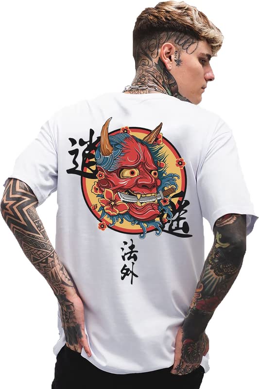 VLAMJapanese Beast Design Art Unisex Baggy Oversized Back Print Tshirt | Trendy Back Print Cool White Tshirt for Men and Women