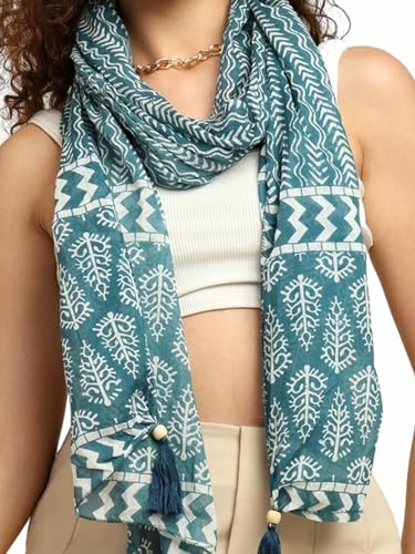 Image of KE KANHA EXPORTS Scarf for Women Premium Cotton Boho | Dual Tone Border Print Stole with Tassels | Lightweight Summer Beach Wrap 180 x 50 cm FREE Scrunchie Included