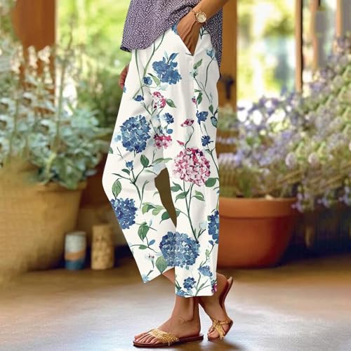 Womens Pants Boho Floral Linen Pants Elastic Waisted Casual Cotton Linen Drawstring Summer Beach Vacation Trouser2