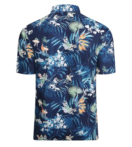 Damipow Mens Navy Palm Hawaiian Polo