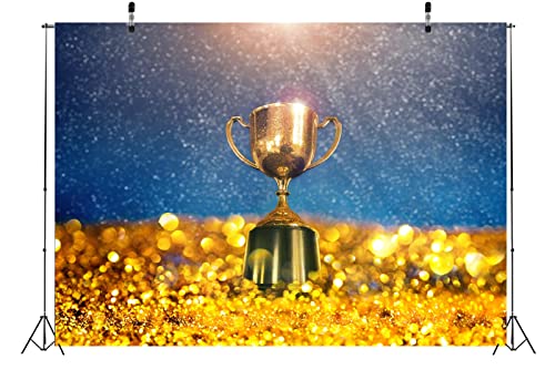 BELECO 1.5x1m Fondo de Tela con Trofeo de campeón Dorado Copa de Ganador Fondo fotográfico con Purpurina Dorada Brillante Ideal para premios,Deportivas,Fiestas de cumpleaños para Fotos.